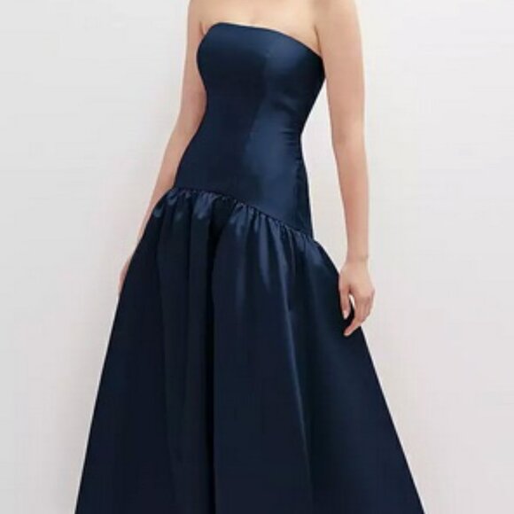 Alfred Sung Midnight Blue Strapless Satin High Low Gown D851 - Picture 3 of 6